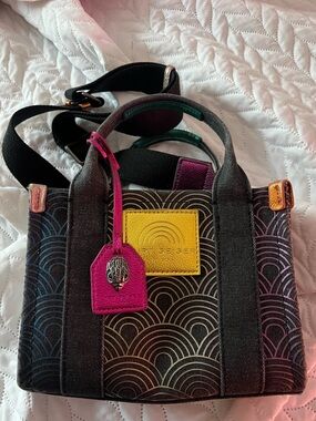 Kurt Geiger Black Multicolor Patterned Tote with Pink Tag and Yellow Patch